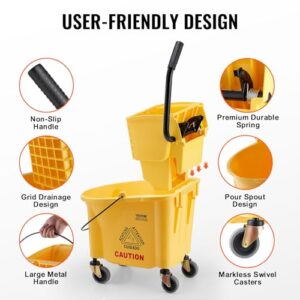 VEVOR Mop Bucket with Wringer, 26 Qt. Commercial Mop Bucket with Side Press Wringer, Side-Press Mop Bucket and Wringer Combo on Wheels, for Professional/Industrial/Business Floor Cleaning, Yellow