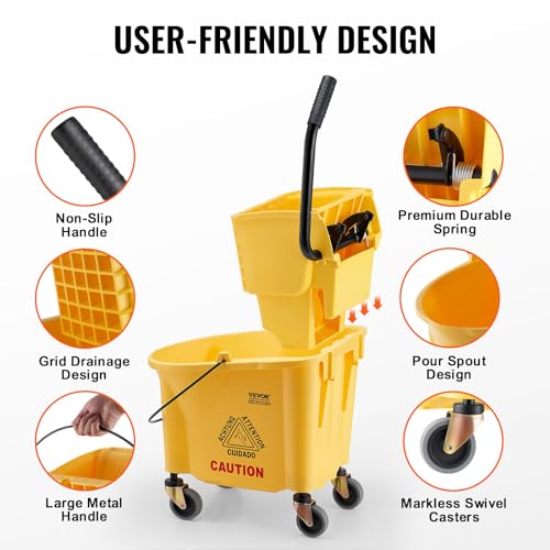 VEVOR Mop Bucket with Wringer, 26 Qt. Commercial Mop Bucket with Side Press Wringer, Side-Press Mop Bucket and Wringer Combo on Wheels, for Professional/Industrial/Business Floor Cleaning, Yellow