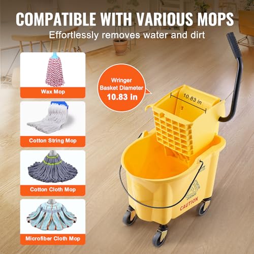 VEVOR Mop Bucket with Wringer, 26 Qt. Commercial Mop Bucket with Side Press Wringer, Side-Press Mop Bucket and Wringer Combo on Wheels, for Professional/Industrial/Business Floor Cleaning, Yellow