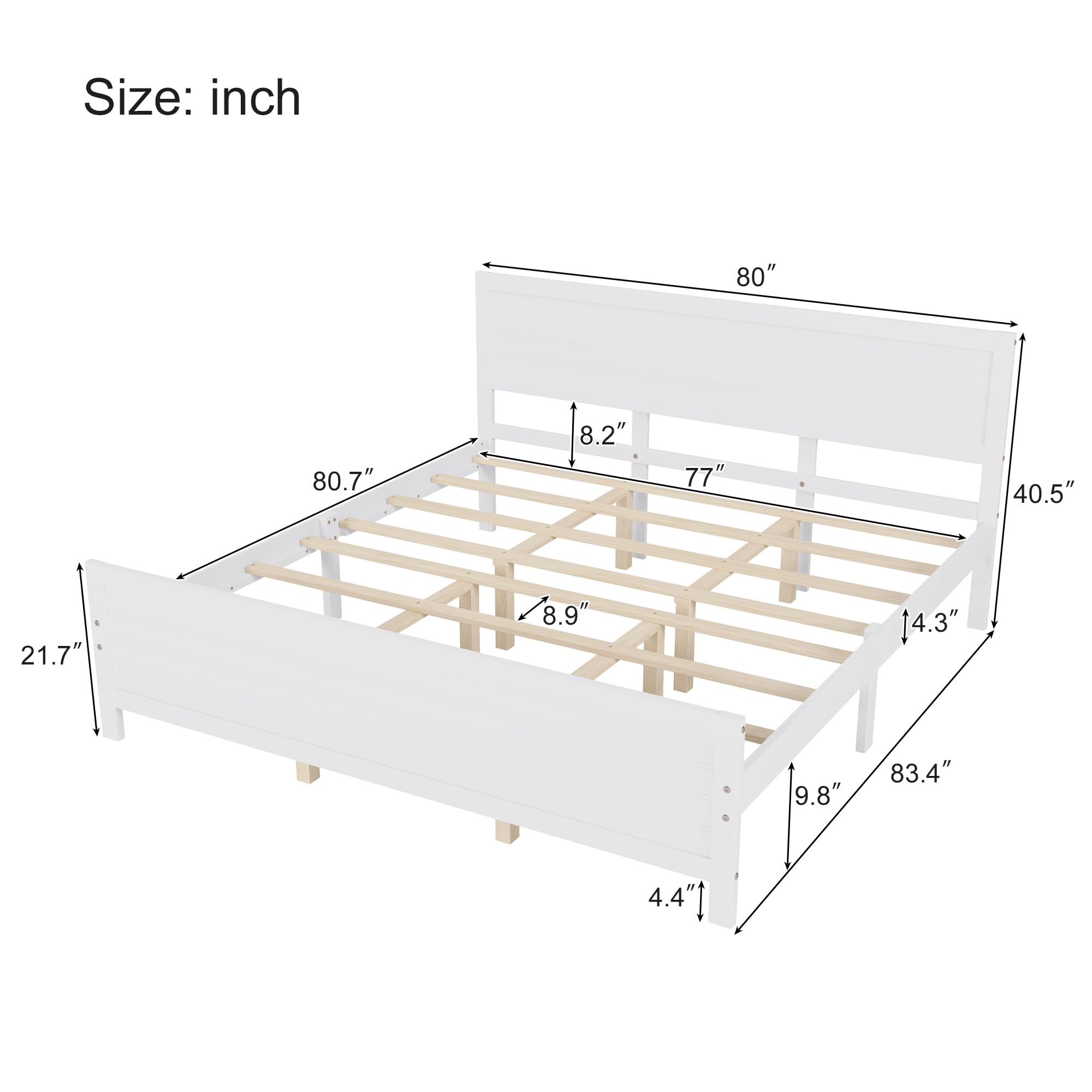 JULYFOX Wood Bed Frame King Size, White Color Solid Pine Wood Platform Bed with Headboard Footboard 600 lbs Heavy Duty No Box Spring Needed(White-2, King)