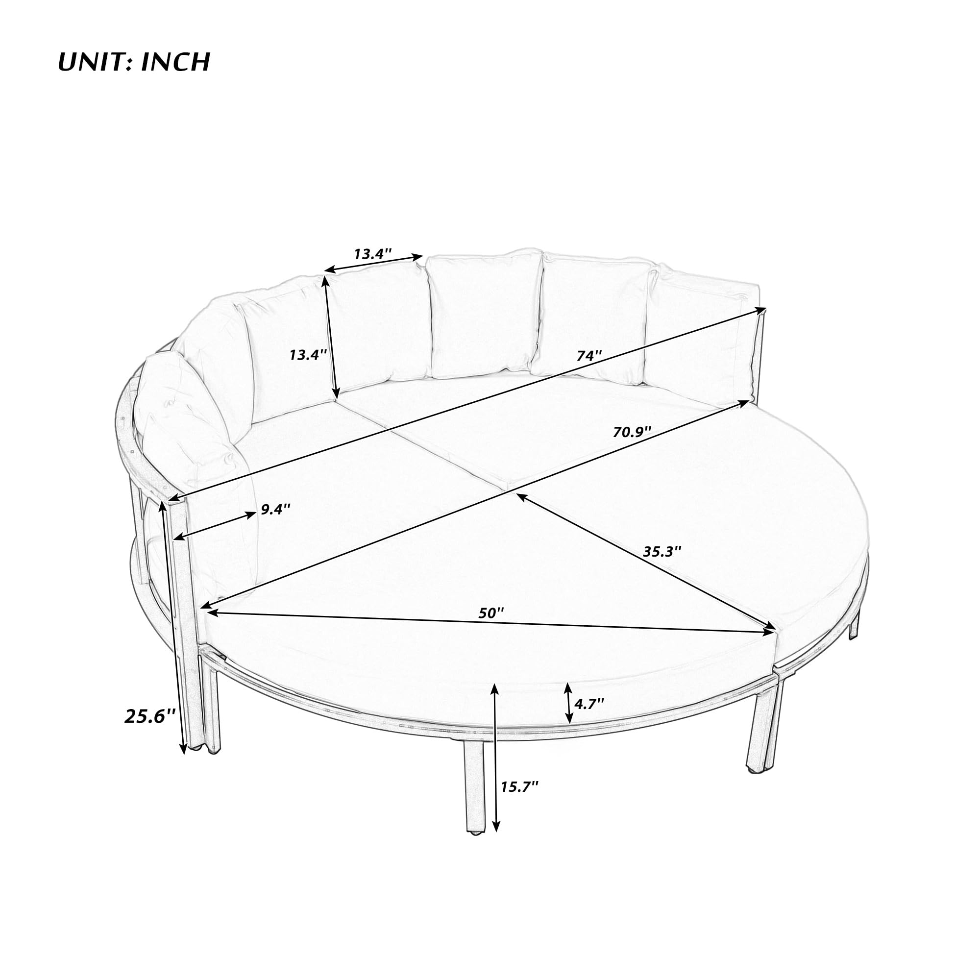 Merax Round Outdoor Daybed with Removable Cushions, All Weather Metal Conversation Sectional Sofa & Separate Seatings, 4 Piece Patio Furniture Set for Lawn Garden Backyard Porch Pool, Grey