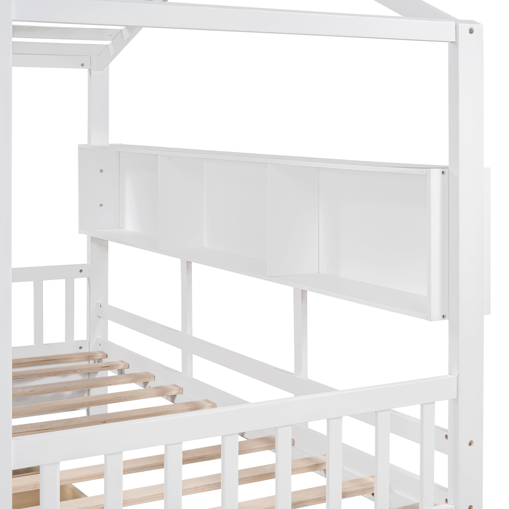 Guxeei Twin Size Wooden House Bed with 2 Drawers, Modern Design Kids Bed Frame with Storage Shelf for Kids Teens Adults, Wood Slat Support, No Box Spring Needed, Easy Assembly (White)