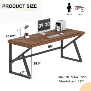 IBF Solid Real Wood Computer Desk, 60” Rustic Natural Real Wood Home Office Desk, Industrial Real Wood Writing Desk for Living Room, Metal Wooden Executive Workstation Computer Table, Brown, 60 Inch