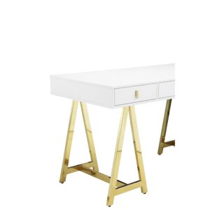 Benjara ILE 55 Inch Desk with 3 Storage Drawers, Wood Veneer, Metal, White and Gold