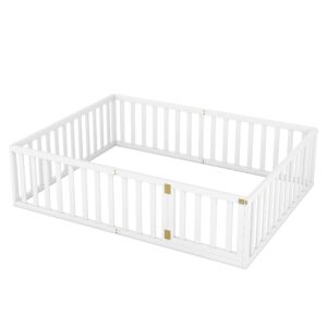 Luxo Abode Multifunctional Queen Size Floor Bed with Safety Guardrails and Door, Montessori Sturdy Solid Wood Beds Frame, Easy Assembly and No Spring Need, for Boys and Girls Room, White