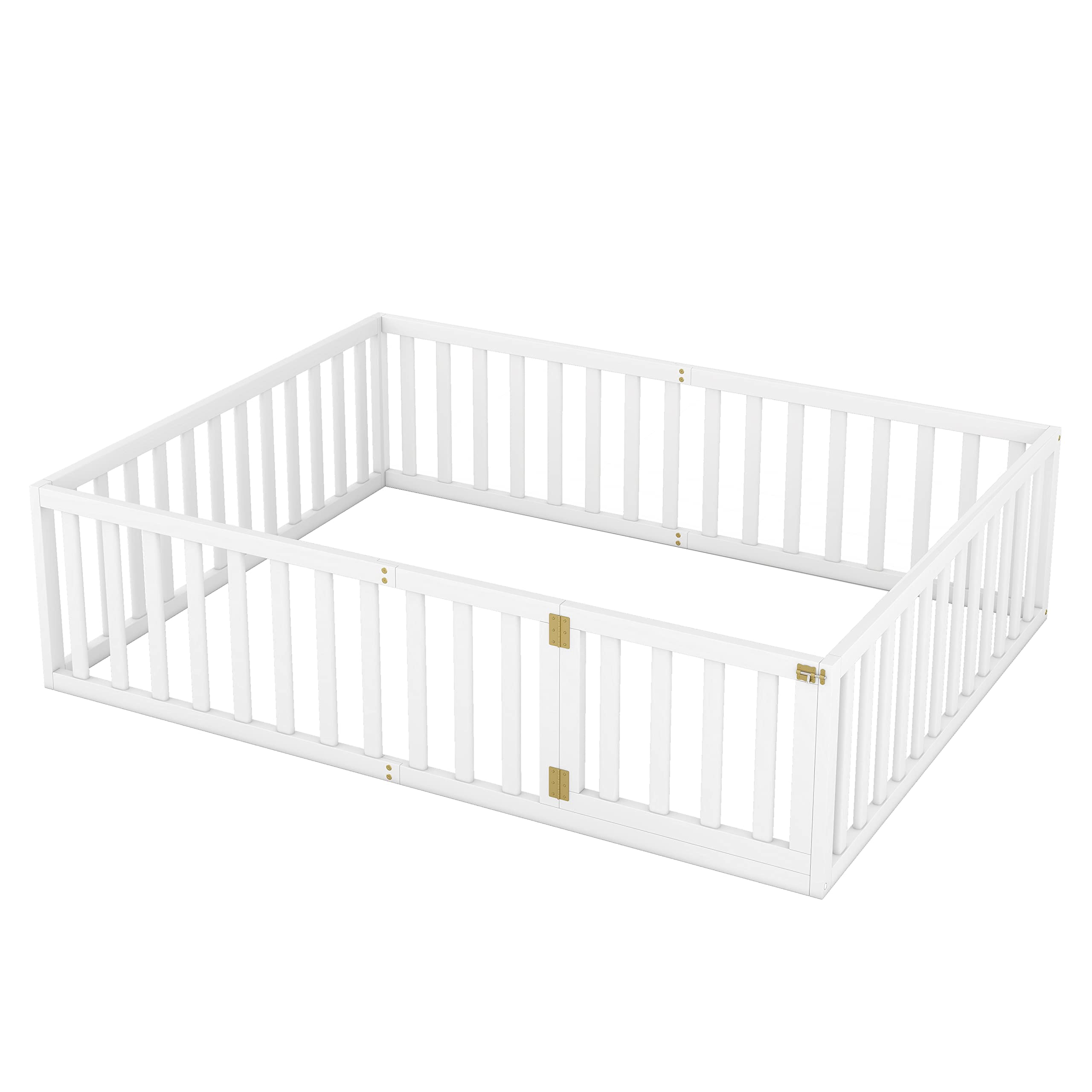 Luxo Abode Multifunctional Queen Size Floor Bed with Safety Guardrails and Door, Montessori Sturdy Solid Wood Beds Frame, Easy Assembly and No Spring Need, for Boys and Girls Room, White