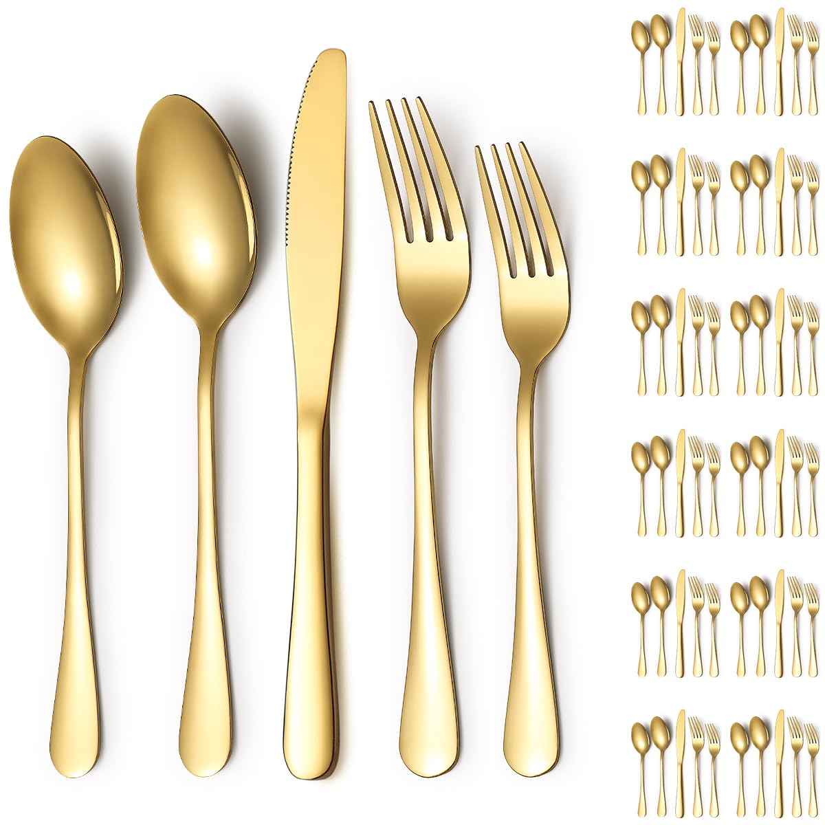 Silverware Set 60 Pieces Service for 12, ReaNea Gold Flatware Set, Titanium Plating Cutlery Set Include Dinner Knives, Dinner Spoons, Dinner Forks, Teaspoons, Salad Forks, Dishwasher Safe