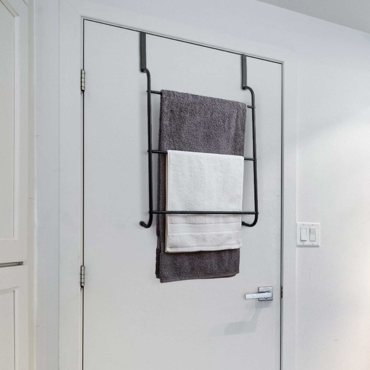 MyGift 3 Tier Modern Matte Black Metal Over The Door Bath Towel Hanger Holder, Bathroom Laundry Room Hanging Triple Bar Drying Rack for Clothing and Towels