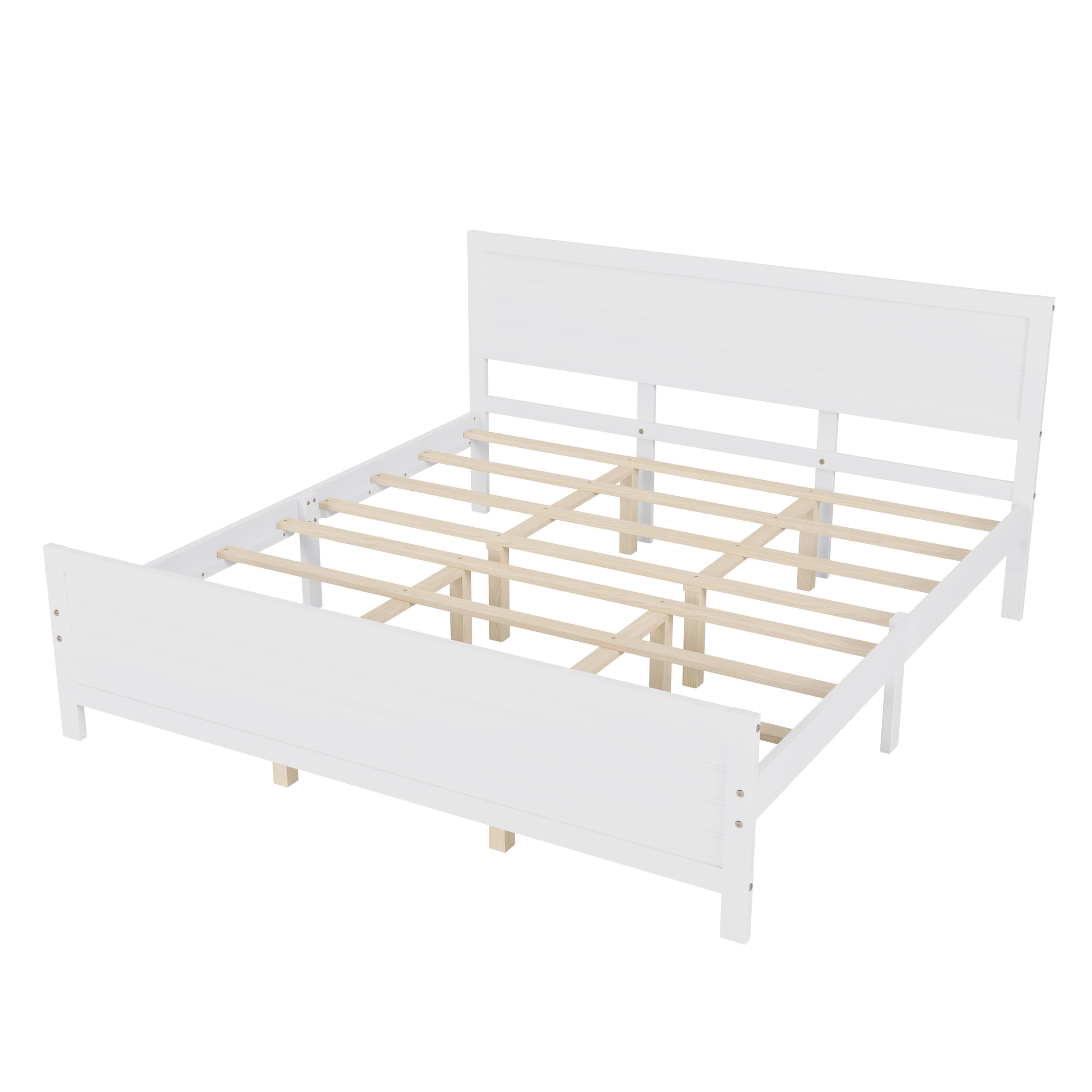 JULYFOX Wood Bed Frame King Size, White Color Solid Pine Wood Platform Bed with Headboard Footboard 600 lbs Heavy Duty No Box Spring Needed(White-2, King)