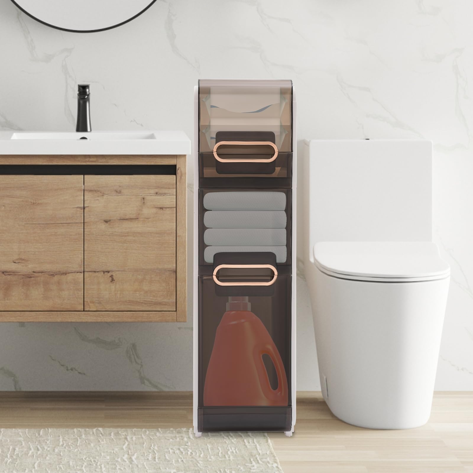 HuaShuani Narrow Bathroom Storage Cabinet, Plastic Bathroom Floor Cabinet, Toilet Side Cabinet Toilet Paper Holder with 3 Drawers, Translucent Panels Design (22 * 41.5 * 78.5CM)