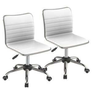 our modern space 2 pack adjustable ribbed swivel office chair - faux leather, low back, armless with rolling caster wheels for home, office vanity dorm workspace - white