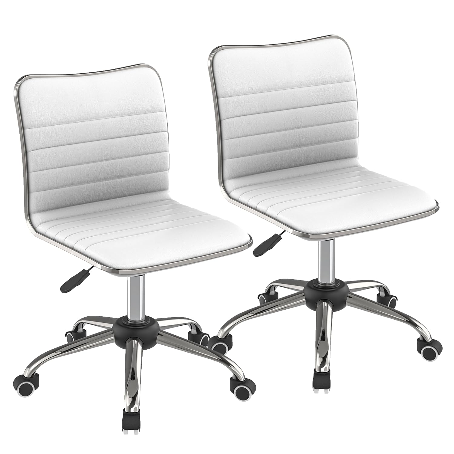 Our Modern Space 2 PACK Adjustable Ribbed Swivel Office Chair - Faux Leather, Low Back, Armless with Rolling Caster Wheels for Home, Office Vanity Dorm Workspace - WHITE