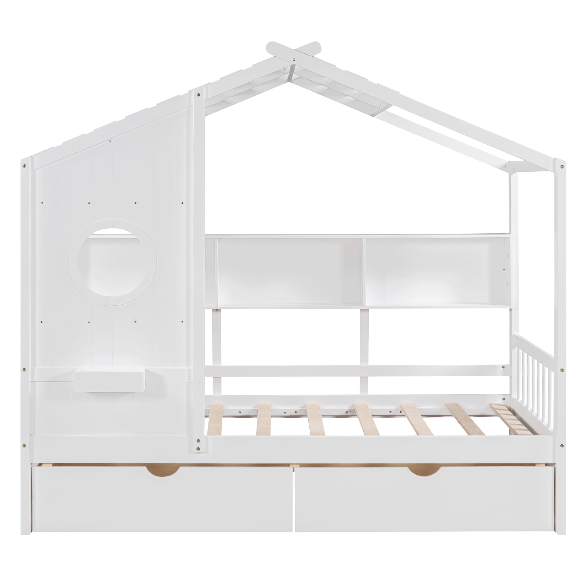 Guxeei Twin Size Wooden House Bed with 2 Drawers, Modern Design Kids Bed Frame with Storage Shelf for Kids Teens Adults, Wood Slat Support, No Box Spring Needed, Easy Assembly (White)