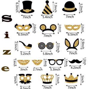 16PCS Birthday Party Photo Props Black & Gold Booth Signs Prom Photobooth Moustache Glasses Hats Crowns Selfie For Kids Men Women Wedding Engagement Bridal Shower,Bachelorette Party,Photobooth Selfies