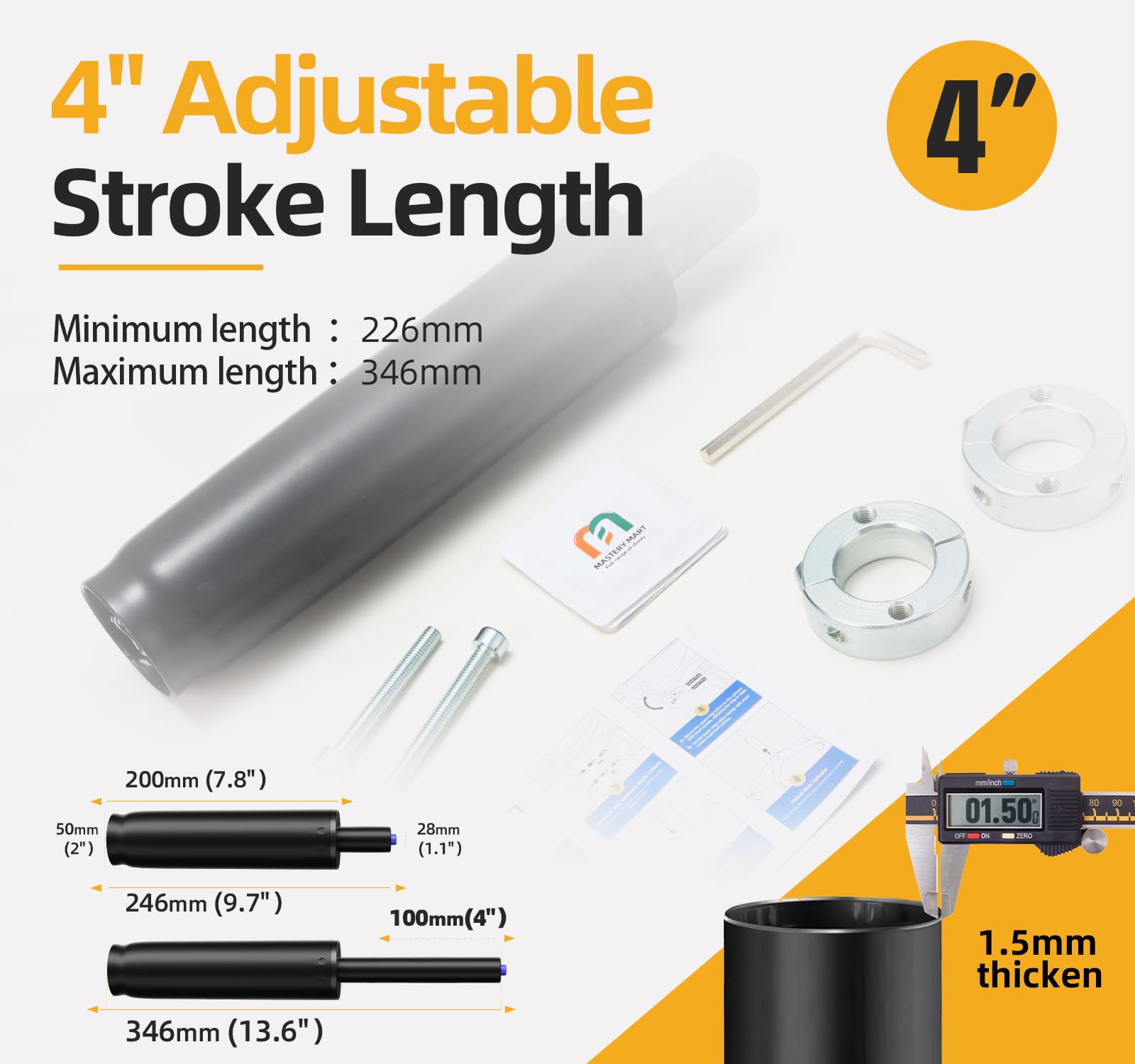 MASTERY MART Gas Lift Cylinder Replacement - 4'' Travel Length with Removal Tool, 1000 lbs Capacity, Universal Size Fits Most Office Chairs - Hydraulic Pneumatic Shock Piston - Class 4 (Matte Black)
