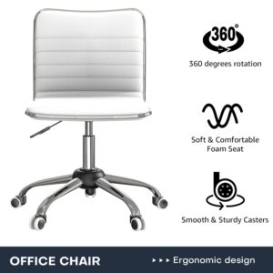 Our Modern Space 2 PACK Adjustable Ribbed Swivel Office Chair - Faux Leather, Low Back, Armless with Rolling Caster Wheels for Home, Office Vanity Dorm Workspace - WHITE