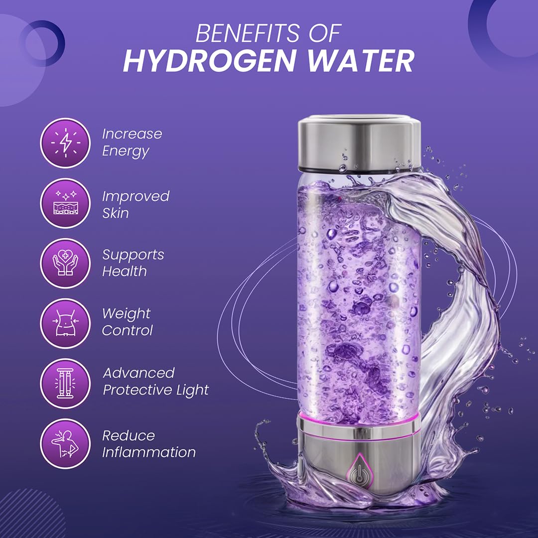 H3O Hydrogen Water Bottle - Hydrogen-Infused Water Machine with Built-in Purple Protective Light - Portable Water Ionizer for Hydration, Energy, Sleep Quality - with SPE/PEM Technology