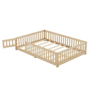 Luxo Abode Multifunctional Full Size Floor Bed with Safety Guardrails and Door, Removable Wood Slats, Montessori Beds Frame for Toddlers, Easy Assembly, for Boys and Girls Room, Natural