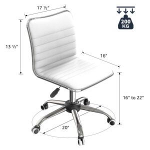 Our Modern Space 2 PACK Adjustable Ribbed Swivel Office Chair - Faux Leather, Low Back, Armless with Rolling Caster Wheels for Home, Office Vanity Dorm Workspace - WHITE