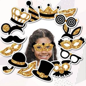 16PCS Birthday Party Photo Props Black & Gold Booth Signs Prom Photobooth Moustache Glasses Hats Crowns Selfie For Kids Men Women Wedding Engagement Bridal Shower,Bachelorette Party,Photobooth Selfies