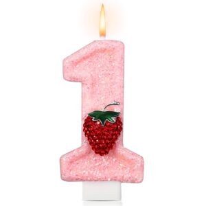 conelist 1 candle for first birthday candle pink number 1 candle cute berry one candle glitter birthday candle for cake topper party supplies 1st birthday anniversary decorations(strawberry)