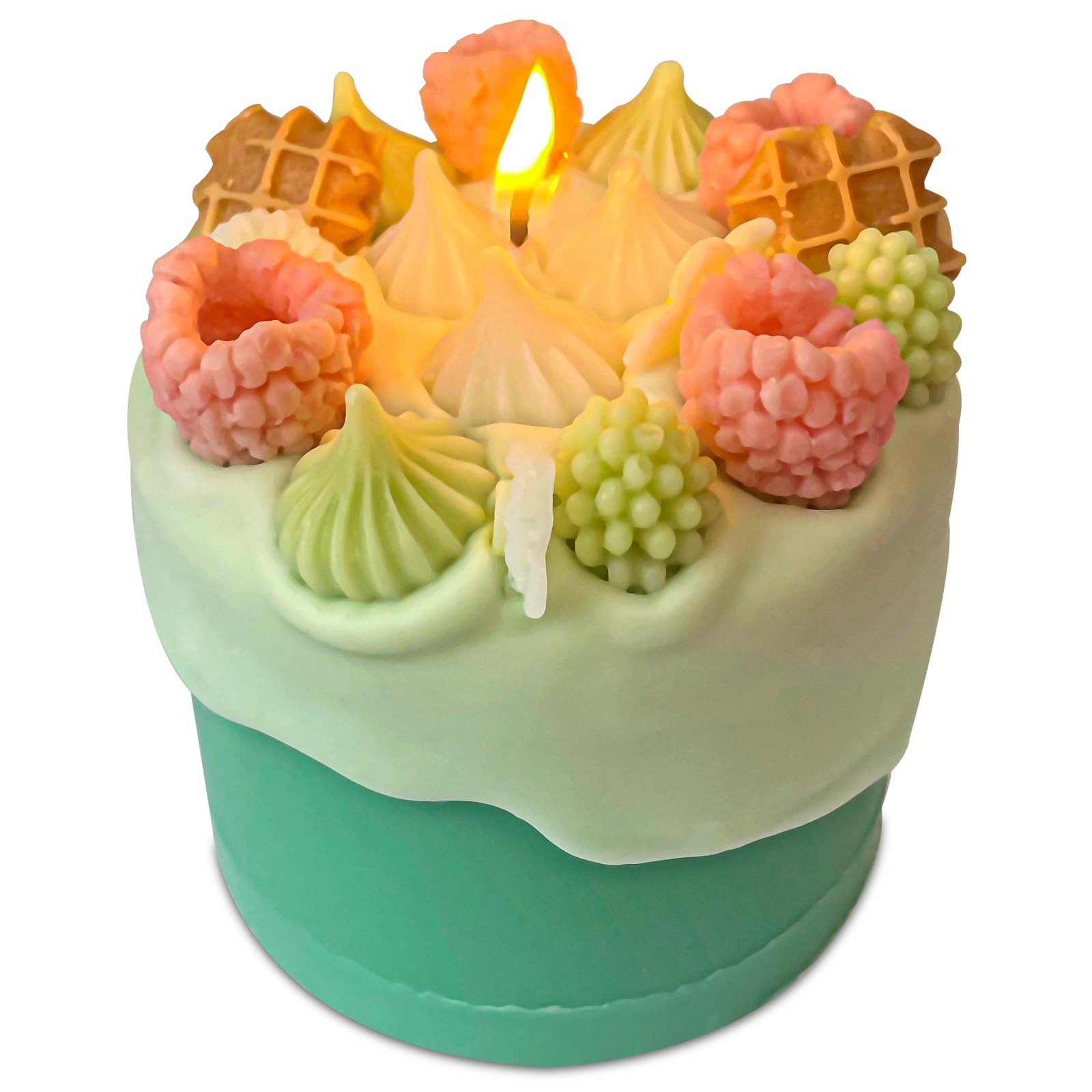 Realistic Birthday Cake Shaped Scented Candles with Raspberries Cookies and Green Cream, Novelty Birthday Gift for Friend and Bestie