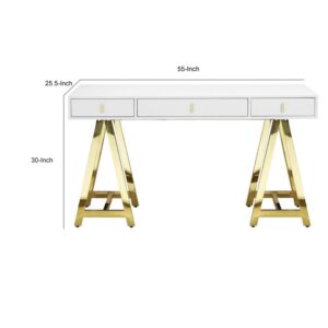 Benjara ILE 55 Inch Desk with 3 Storage Drawers, Wood Veneer, Metal, White and Gold