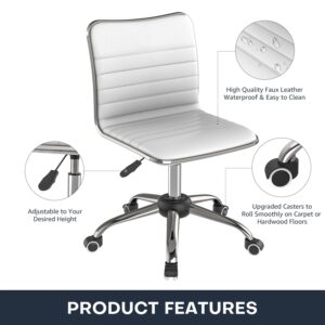 Our Modern Space 2 PACK Adjustable Ribbed Swivel Office Chair - Faux Leather, Low Back, Armless with Rolling Caster Wheels for Home, Office Vanity Dorm Workspace - WHITE