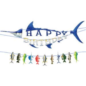 wernnsai fishing happy birthday party banner - gone fishing string hanging banner with pre-strung fishing banner supplies for boys litter fisherman birthday party hanging wall decorations