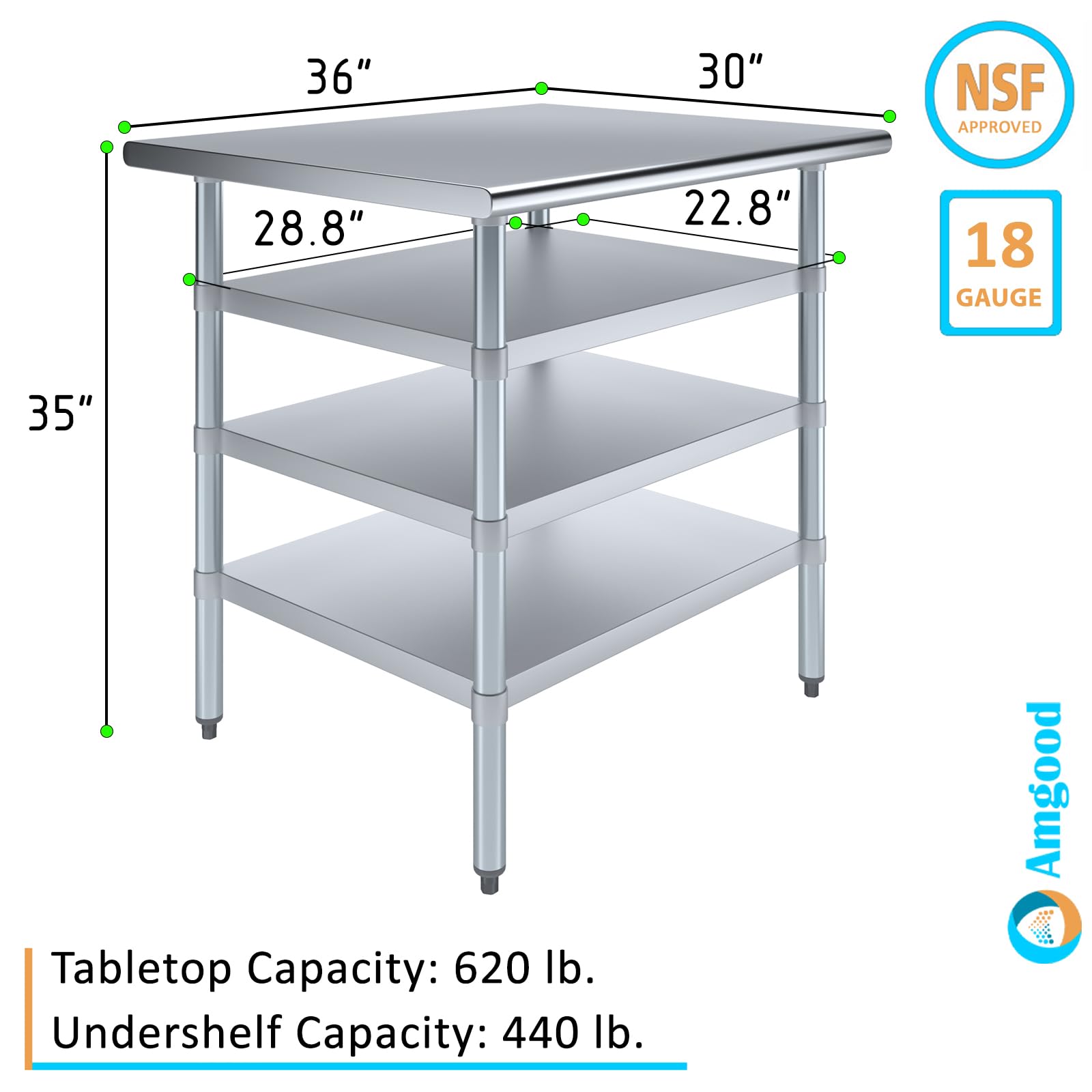 AmGood Stainless Steel Work Table with 3 Shelves | Metal Utility Table | Commercial & Residential NSF Utility Table (36" Long x 30" Deep)