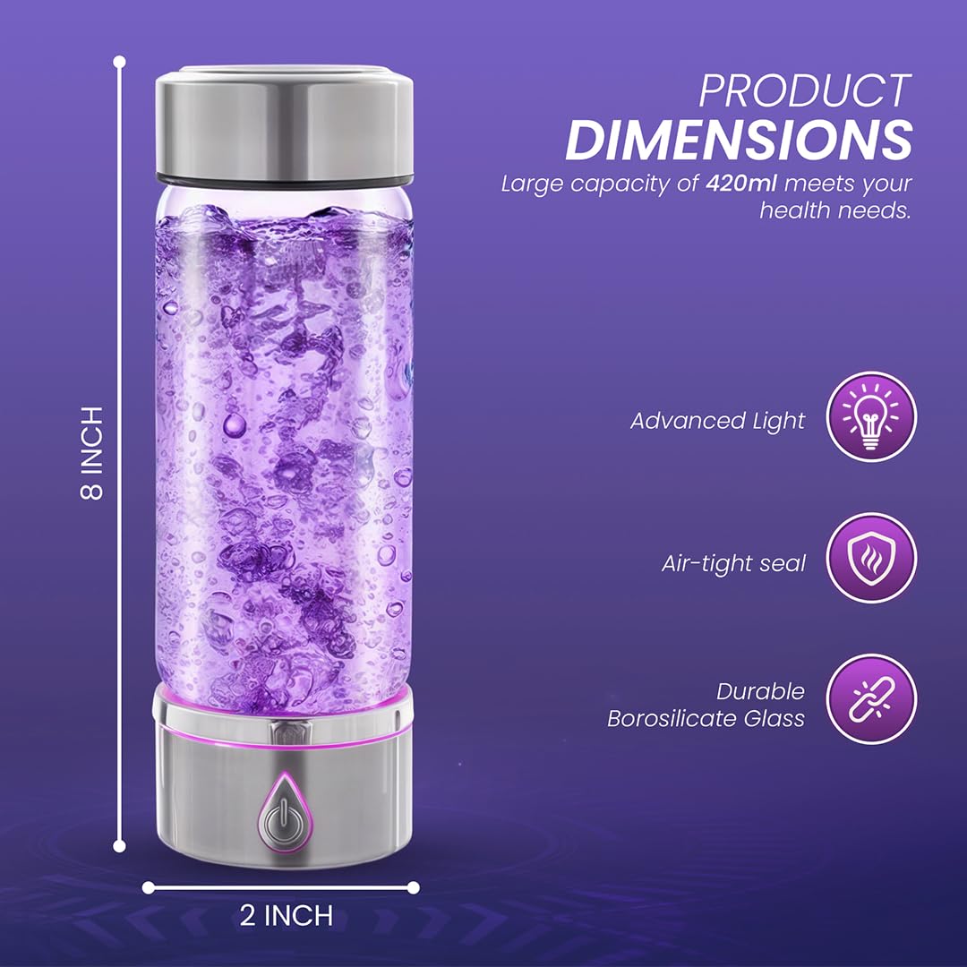 H3O Hydrogen Water Bottle - Hydrogen-Infused Water Machine with Built-in Purple Protective Light - Portable Water Ionizer for Hydration, Energy, Sleep Quality - with SPE/PEM Technology