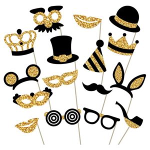 16pcs birthday party photo props black & gold booth signs prom photobooth moustache glasses hats crowns selfie for kids men women wedding engagement bridal shower,bachelorette party,photobooth selfies