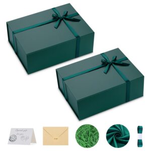 gift box 13.5x10x5 inches 2 pack, gift boxes with magnetic lids for presents, christmas large gift boxes, contain gift box filler, silk cloth, ribbon, card for birthdays, weddings (green)