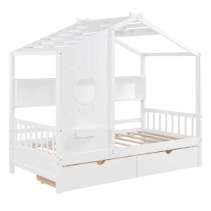 Guxeei Twin Size Wooden House Bed with 2 Drawers, Modern Design Kids Bed Frame with Storage Shelf for Kids Teens Adults, Wood Slat Support, No Box Spring Needed, Easy Assembly (White)