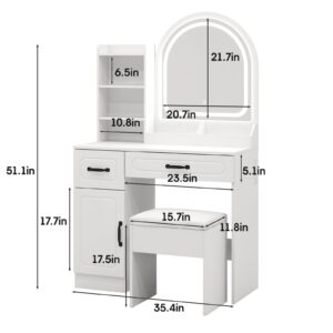Vabches Vanity Desk Vanity Mirror Makeup Desk with Lights, Vanity Desk with Mirror and LED Lights, Vanity Set with 2 Drawers and Shelves,2 Trays, Side Cabinet, Stool, White