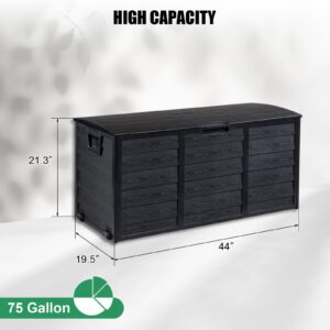 VINGLI Upgraded 75 Gallon Outdoor Storage Box, Lockable Plastic Storage Containers with Lid, Patio Deck Box Furniture for Garden, Pool, Balcony, Yard (Full Black)