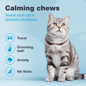 CHEWIA Cat Calming Treats - Hemp Calming Care for Cats - Cat Anxiety Relief - Cat Melatonin Soft Chews with Hemp Seed Oil, L-Tryptophan - Calming Chews for Cats - Storms, Travel, Grooming, Separation