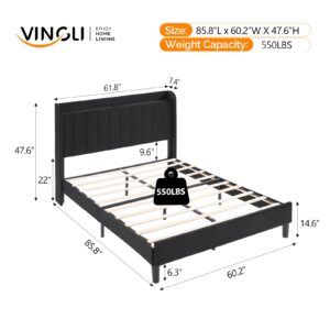 VINGLI Upholstered Platform Bed Queen Panel Bed Frame with Headboard, Wingback Storage Bed Queen with Charging Station, Velvet Black