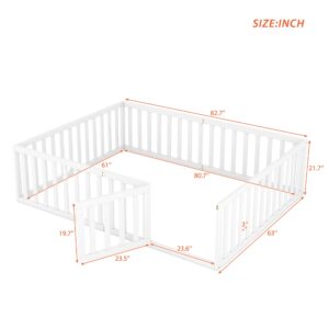 Luxo Abode Multifunctional Queen Size Floor Bed with Safety Guardrails and Door, Montessori Sturdy Solid Wood Beds Frame, Easy Assembly and No Spring Need, for Boys and Girls Room, White