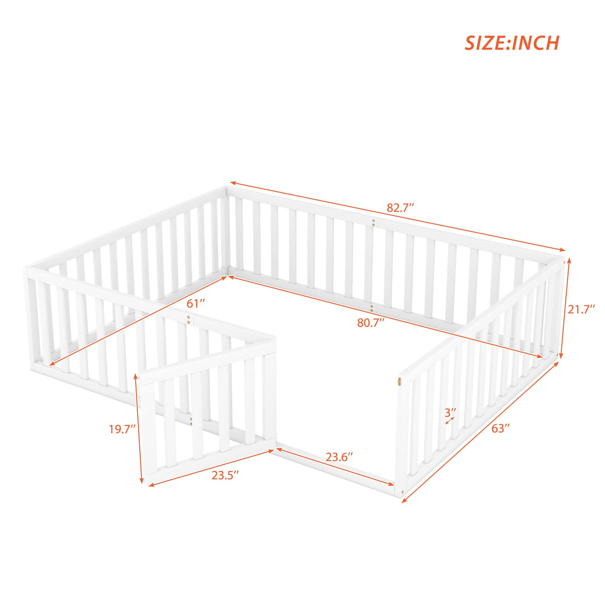 Luxo Abode Multifunctional Queen Size Floor Bed with Safety Guardrails and Door, Montessori Sturdy Solid Wood Beds Frame, Easy Assembly and No Spring Need, for Boys and Girls Room, White