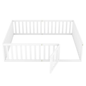 Luxo Abode Multifunctional Queen Size Floor Bed with Safety Guardrails and Door, Montessori Sturdy Solid Wood Beds Frame, Easy Assembly and No Spring Need, for Boys and Girls Room, White