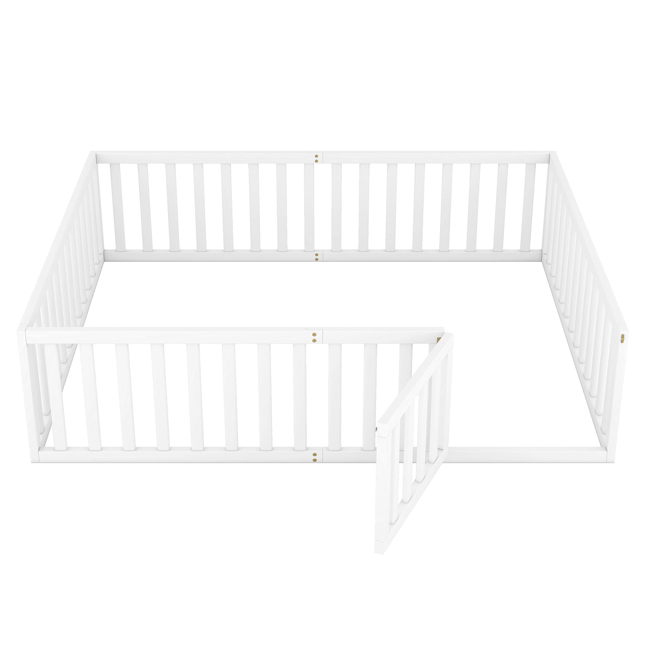 Luxo Abode Multifunctional Queen Size Floor Bed with Safety Guardrails and Door, Montessori Sturdy Solid Wood Beds Frame, Easy Assembly and No Spring Need, for Boys and Girls Room, White