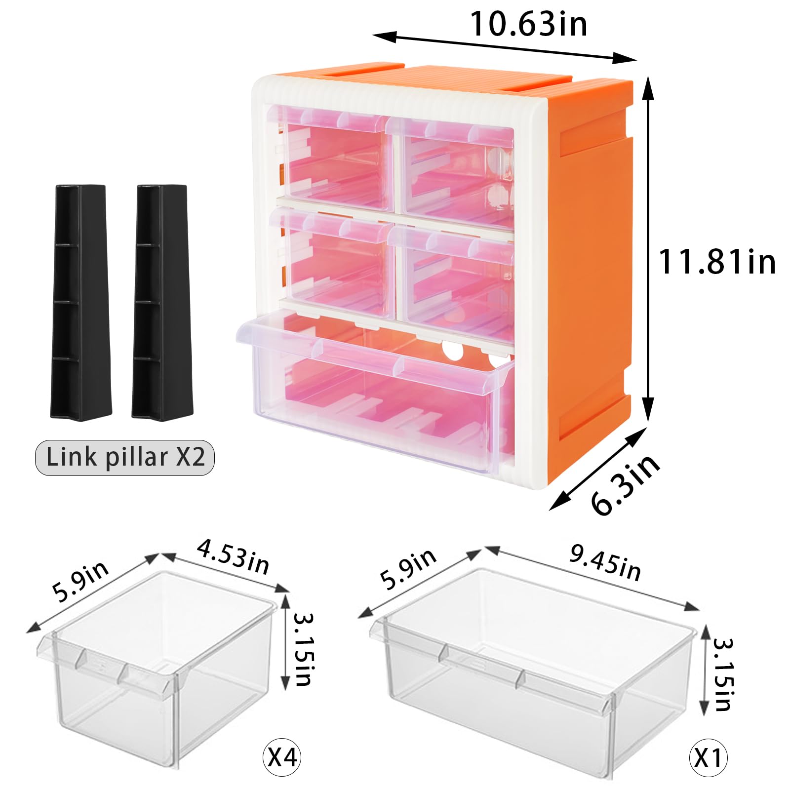 Plastic Drawer Storage Boxes with 5 Drawers,Orange