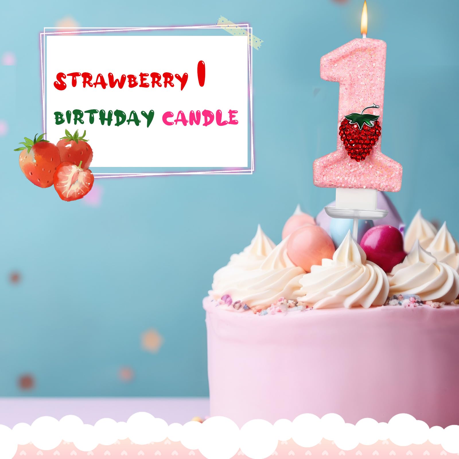 Conelist 1 Candle for First Birthday Candle Pink Number 1 Candle Cute Berry One Candle Glitter Birthday Candle for Cake Topper Party Supplies 1st Birthday Anniversary Decorations(Strawberry)