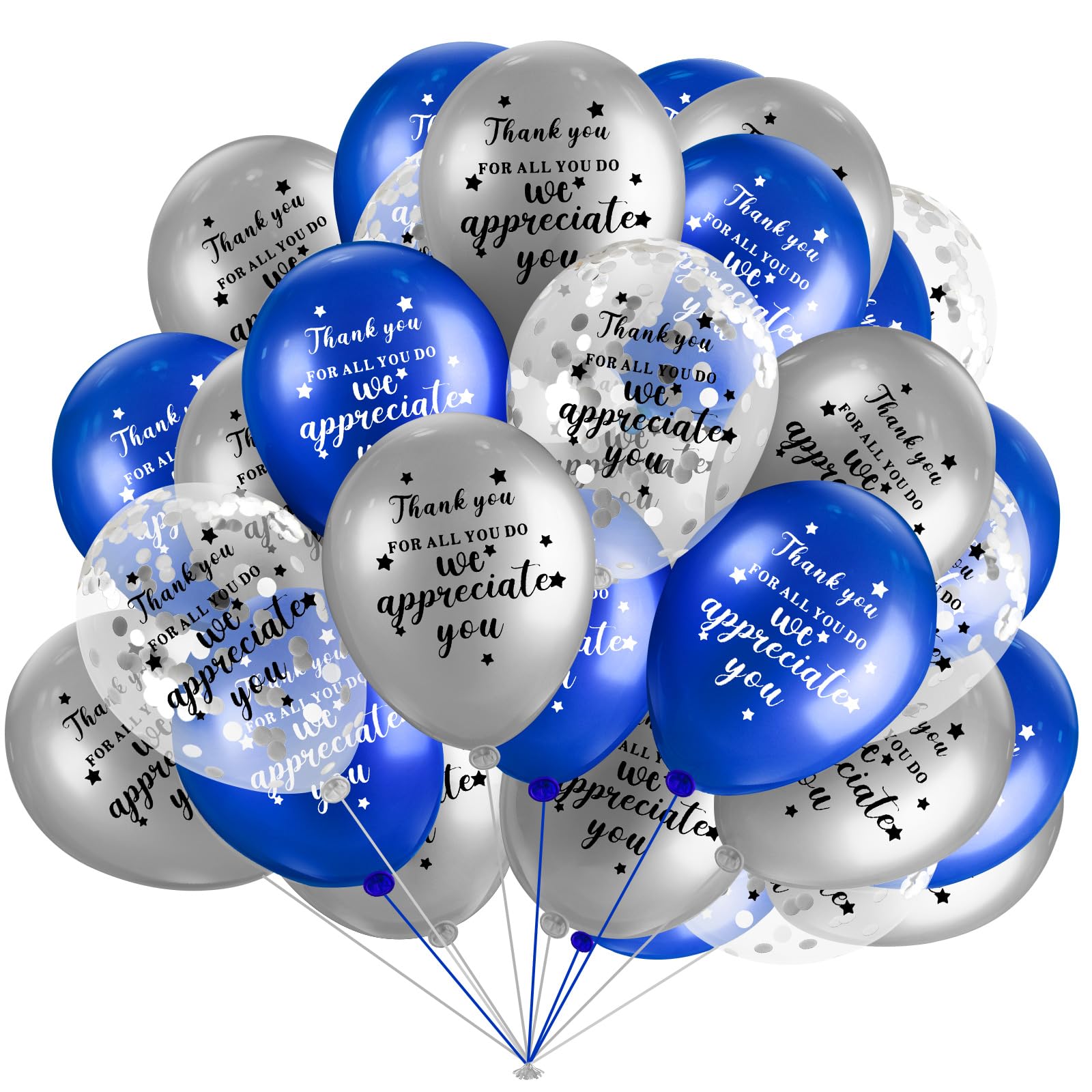 Seenelling 80 Pcs Thank You for All You Do, We Appreciate You Balloons Thank You Balloons for Customer Service Week Pastor Employee Appreciation Xmas Party(Blue, Silvery, Transparent Silver)