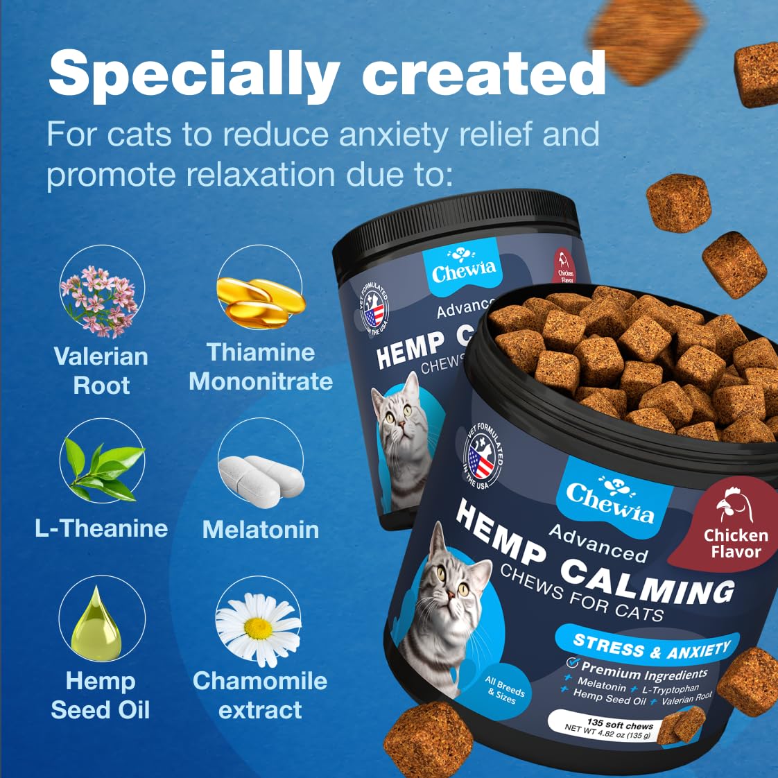 CHEWIA Cat Calming Treats - Hemp Calming Care for Cats - Cat Anxiety Relief - Cat Melatonin Soft Chews with Hemp Seed Oil, L-Tryptophan - Calming Chews for Cats - Storms, Travel, Grooming, Separation