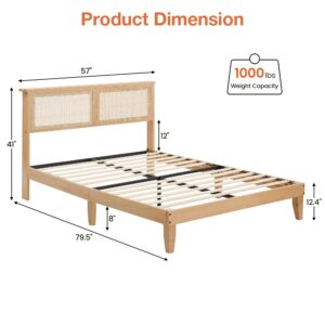 coucheta Rattan Bed Frame Full with Natural Rattan Headboard,Bohemian Rattan Full Size Bed Frame with LED Lights,Solid Wood Foundation with Silent Slats,No Box Spring Needed (Full)