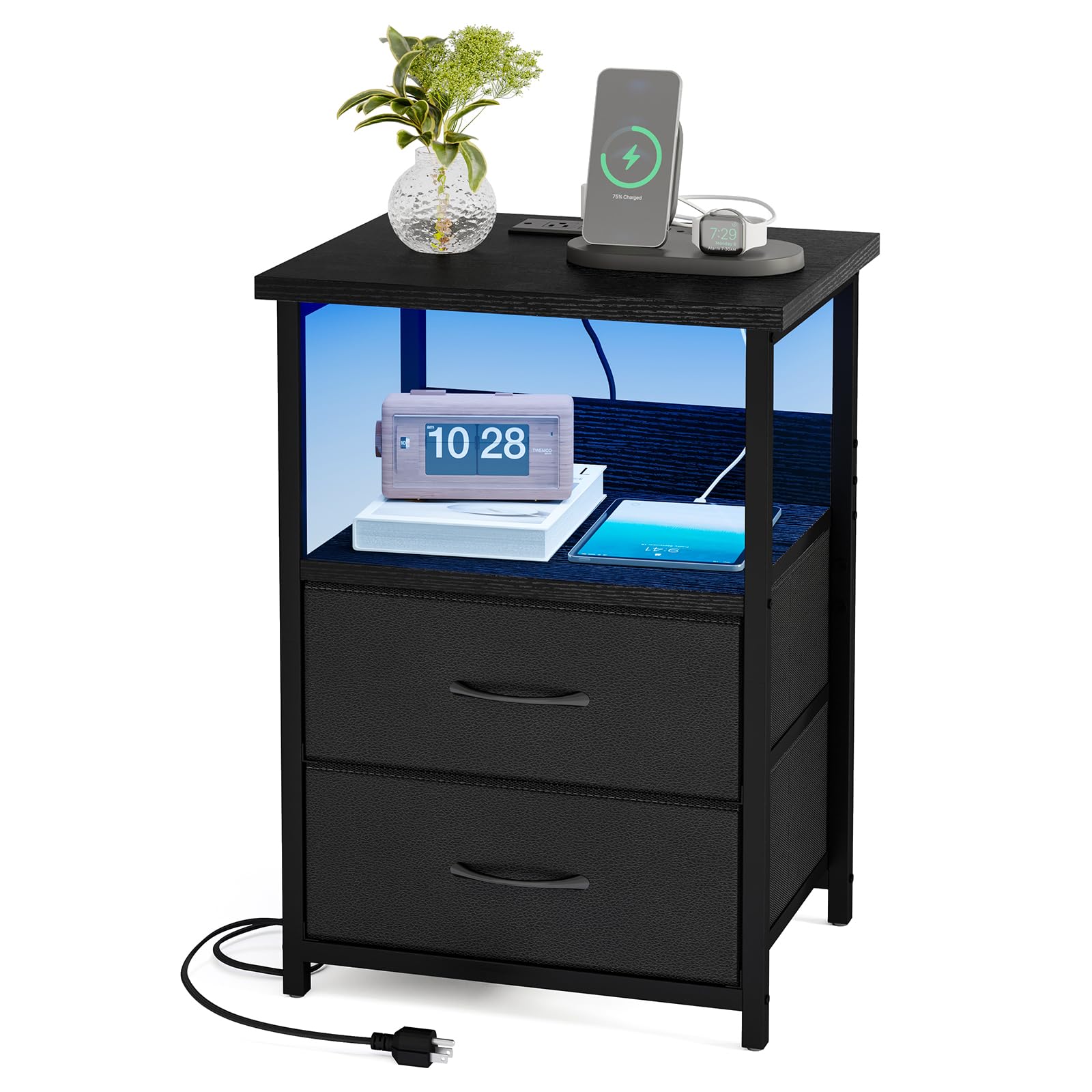 Fixwal Night Stand with Charging Station, LED Nightstand with U-S-B Ports and Outlets, 2 Fabric Storage Drawers with PU Finish, Bedside Table, Black