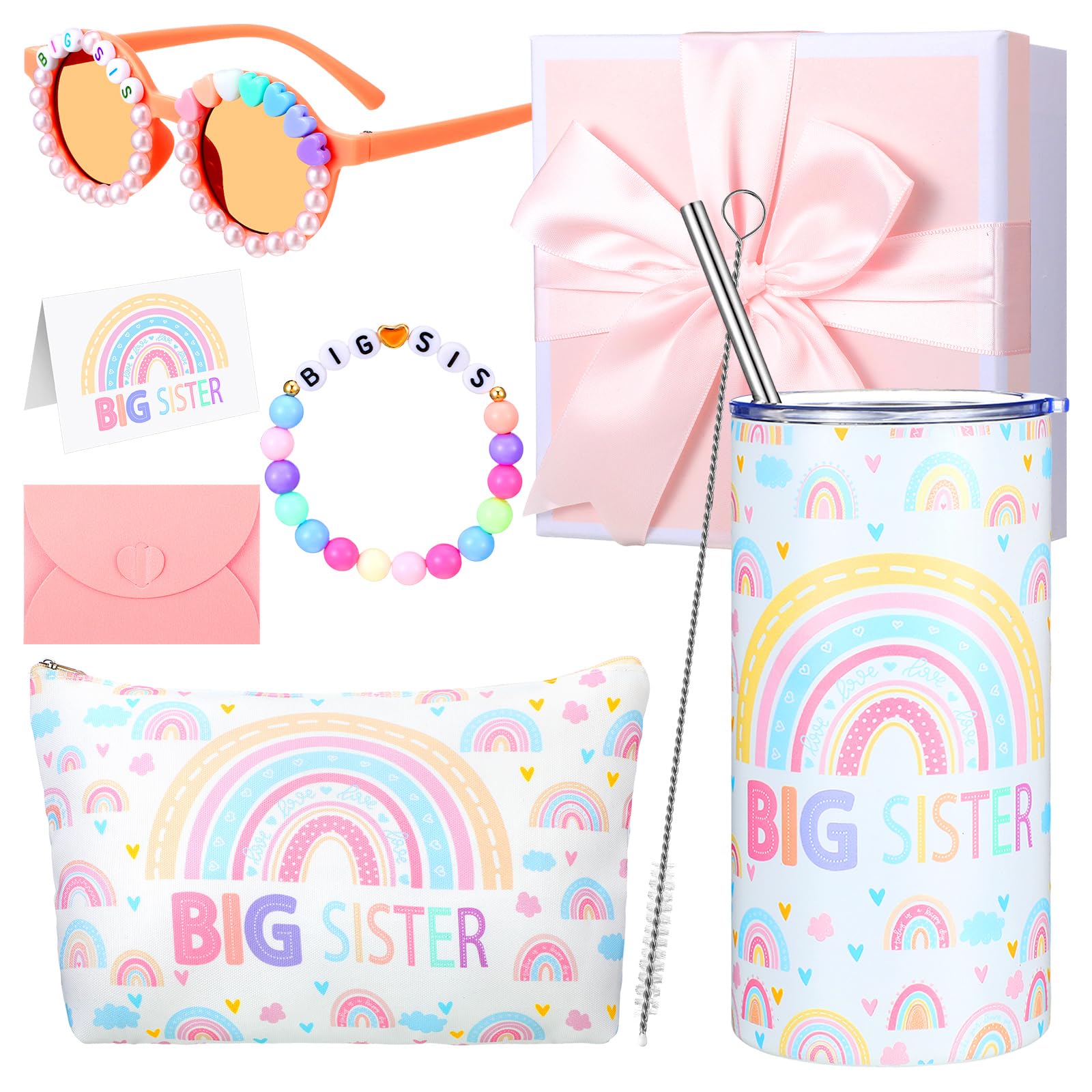 Havawish 7 Pcs Big Sister Gift 14oz Pink Sister Cup Vacuum Insulated Tumbler with Straw and Brush Big Sister Bracelet Party Sunglasses Makeup Bag Gift Box Envelope Greeting Card for Wedding Party