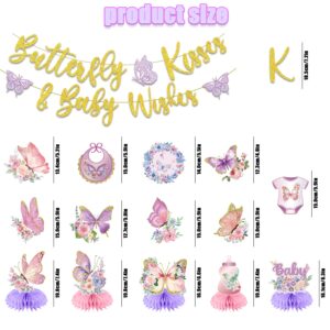 KMCCUMBER Butterfly Baby Shower Decorations, Purple Baby Shower Decorations Include Butterfly Kisses and Baby Wishes Banner Hanging Swirls and Honeycomb Centerpiece Party Decorations for Girl